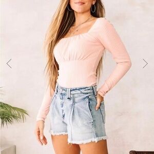 Pink Ruched Fitted Long Sleeve Bodysuit